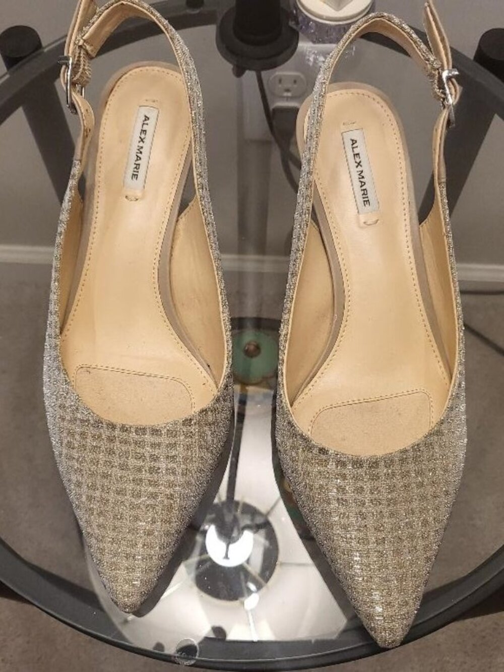 Alex Marie Beige & Silver Shimmer Slingback Heels Sz 6M